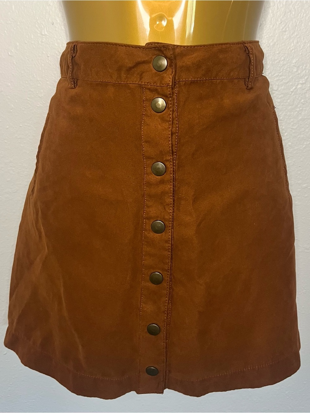 Button-Front Suede A-Line Skirt - Burnt Orange
